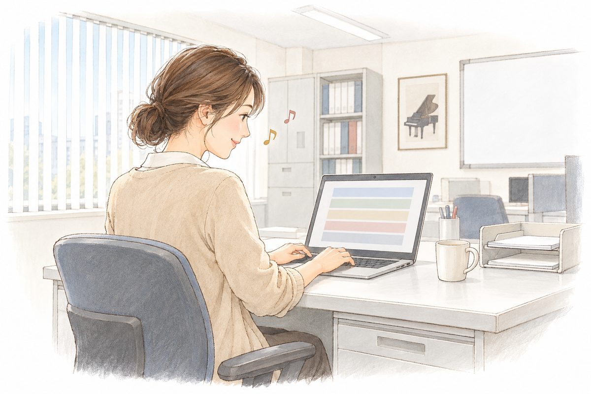 片付いた事務所の机で、穏やかにノートパソコンの一覧を見ている事務局の女性のイラスト