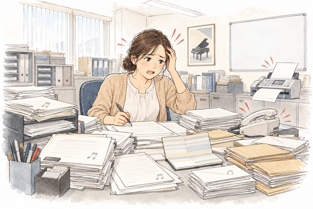 事務所の机で、申込書や封筒、通帳、鳴っている電話に囲まれて頭を抱える事務局の女性のイラスト