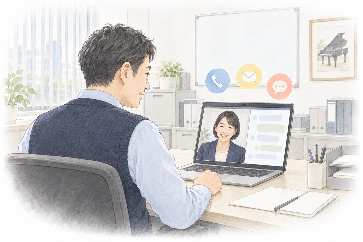 事務局の男性が自分の机で、パソコン画面のオンライン通話とチャットでサポート担当者から説明を受けているイラスト
