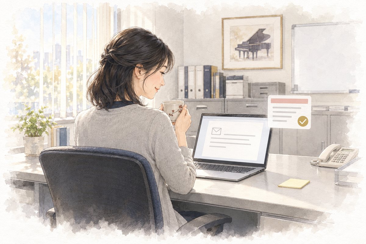同じ女性が、短いメールを送り終えて、湯のみを手に穏やかにほほえんでいる。更新が終わったことを示すチェックの印が浮かんでいる